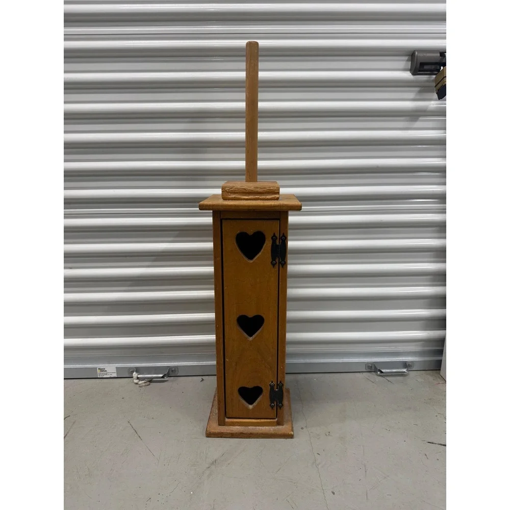 Vintage Rustic Wood Toilet Paper Holder Heart Cutouts Farmhouse Storage Cabinet